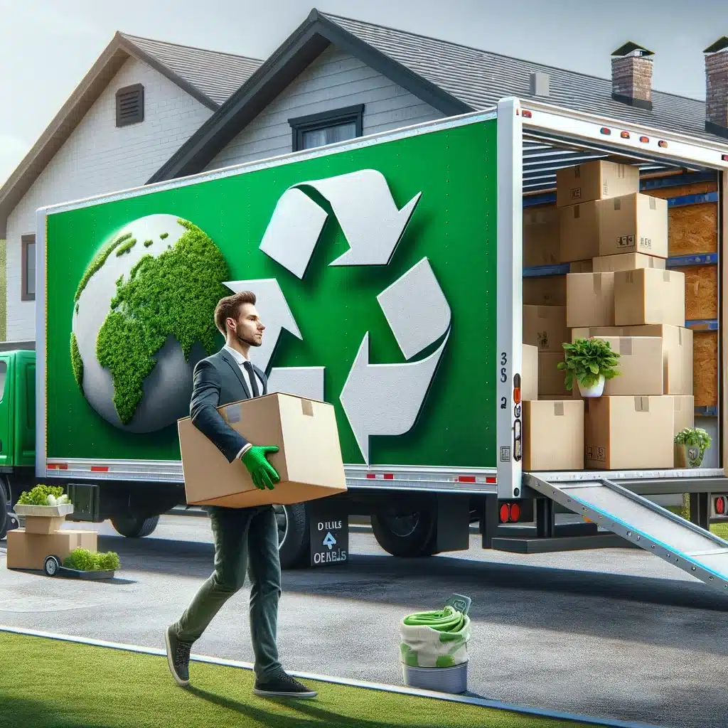 Homme déménageant de manière écologique avec un camion marqué de slogans verts