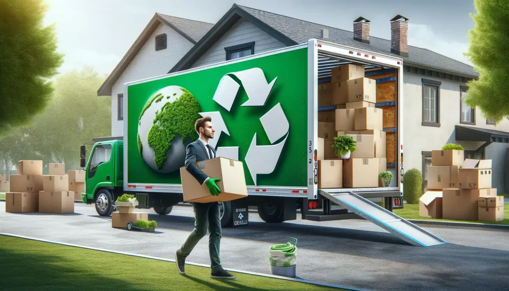 Man moving in an eco-friendly way with a truck marked with green slogans