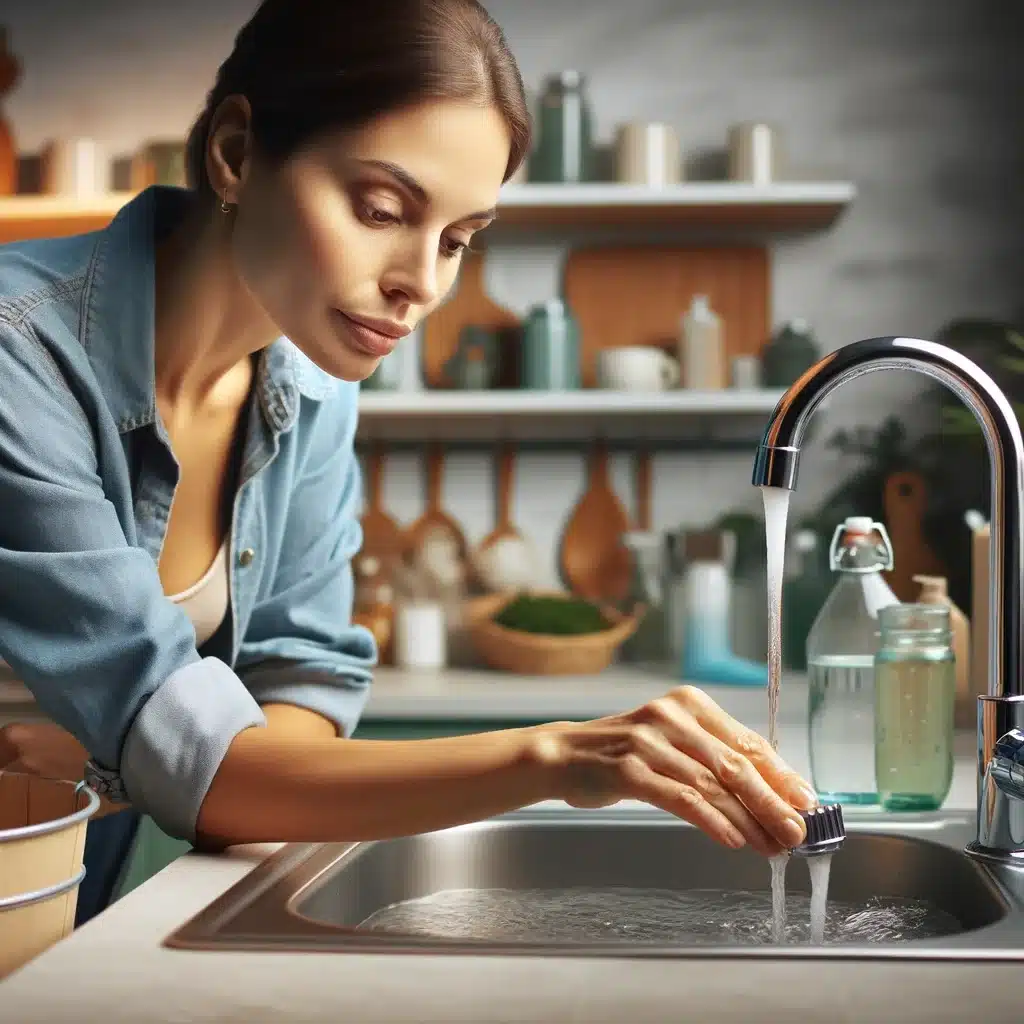 Femme éteignant l'eau du robinet pour économiser l'eau pendant le ménage
