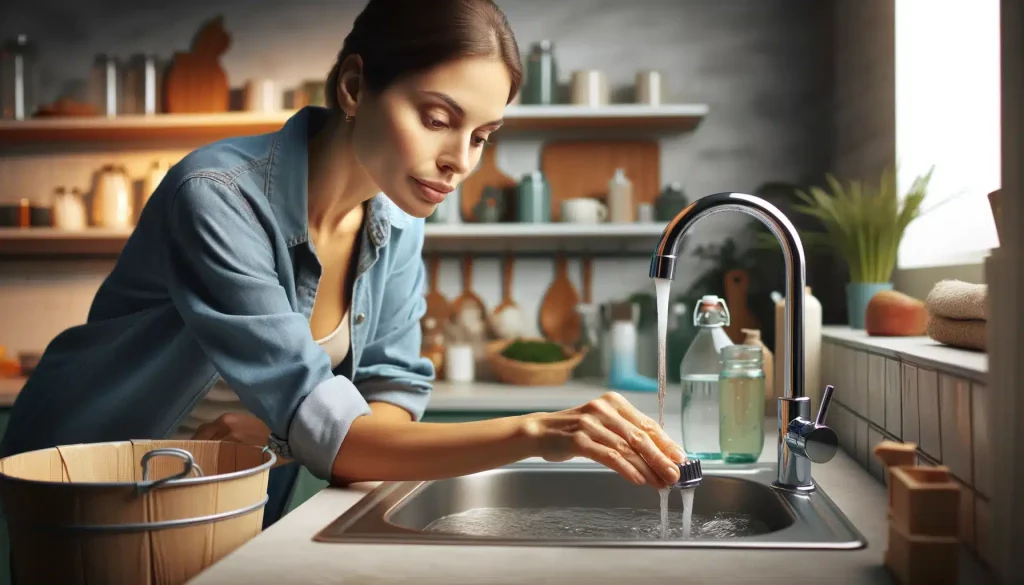Woman turning off tap water to save water while cleaning