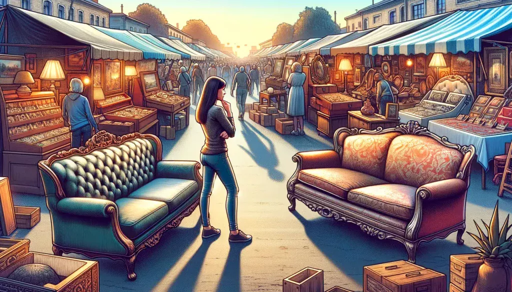 A woman hesitating between two second-hand sofas